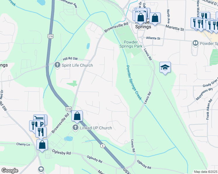 map of restaurants, bars, coffee shops, grocery stores, and more near 4200 Woodcrest Drive in Powder Springs