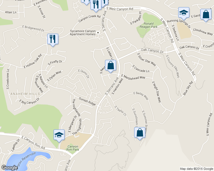 map of restaurants, bars, coffee shops, grocery stores, and more near 1090 South Rexford Lane in Anaheim