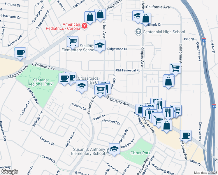map of restaurants, bars, coffee shops, grocery stores, and more near 2188 Turnberry Lane in Corona