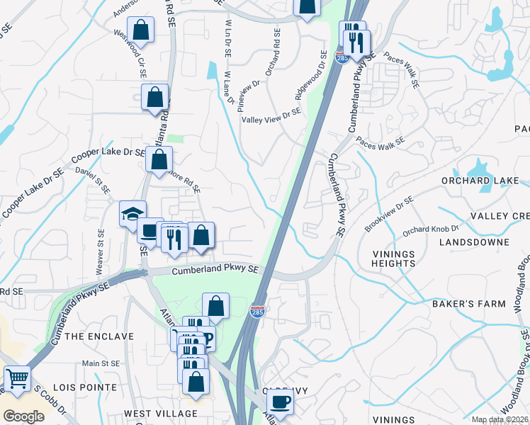 map of restaurants, bars, coffee shops, grocery stores, and more near 4127 Oberon Dr SE in Smyrna