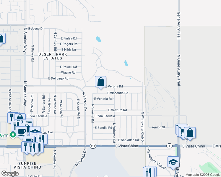 map of restaurants, bars, coffee shops, grocery stores, and more near 2895 East Verona Road in Palm Springs