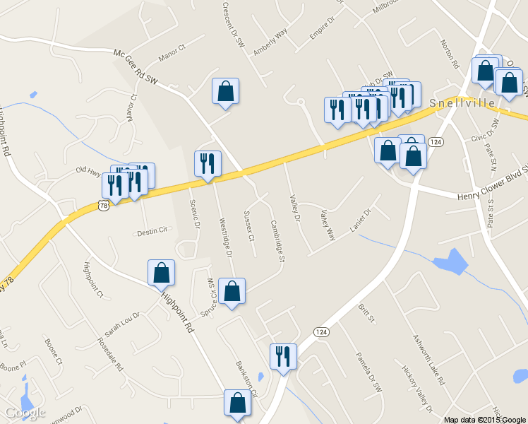 map of restaurants, bars, coffee shops, grocery stores, and more near 2279 Cambridge Street in Snellville