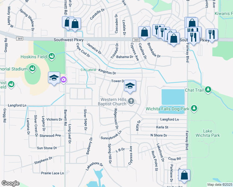 map of restaurants, bars, coffee shops, grocery stores, and more near 4813 Lovers Lane in Wichita Falls