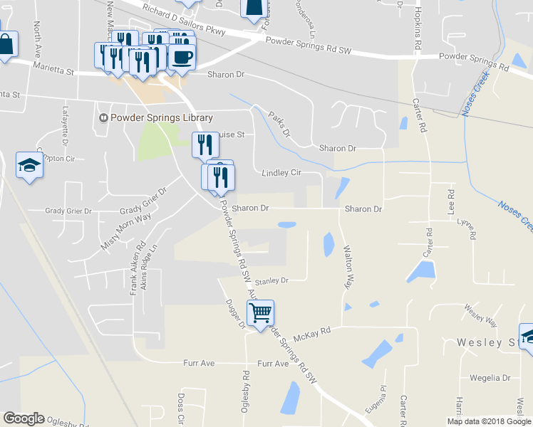 map of restaurants, bars, coffee shops, grocery stores, and more near 3190 Sharon Drive in Powder Springs