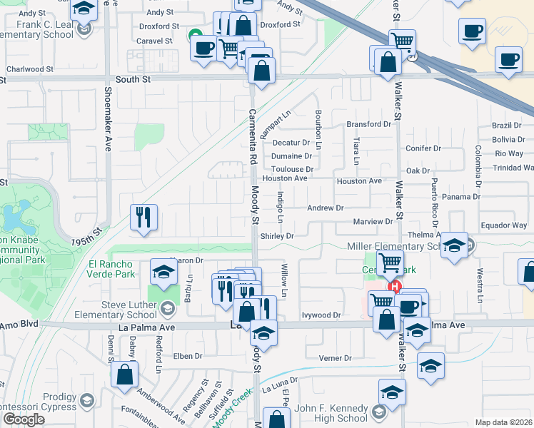 map of restaurants, bars, coffee shops, grocery stores, and more near 5042 Andrew Drive in La Palma