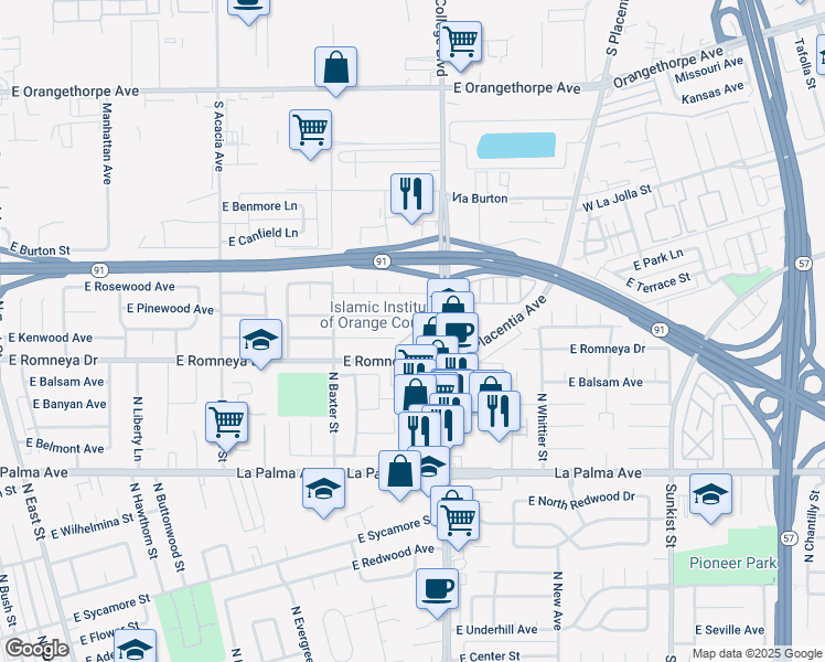 map of restaurants, bars, coffee shops, grocery stores, and more near 1919 North State College Boulevard in Anaheim