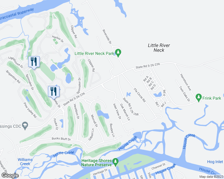 map of restaurants, bars, coffee shops, grocery stores, and more near 1213 Inlet View Drive in North Myrtle Beach