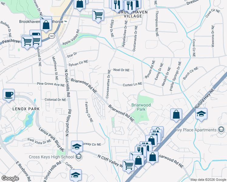 map of restaurants, bars, coffee shops, grocery stores, and more near 2322 Wayside Drive in Atlanta