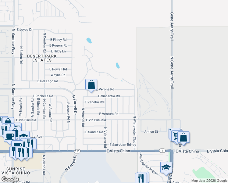 map of restaurants, bars, coffee shops, grocery stores, and more near 3033 East Verona Road in Palm Springs