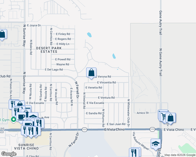 map of restaurants, bars, coffee shops, grocery stores, and more near 2895 East Verona Road in Palm Springs