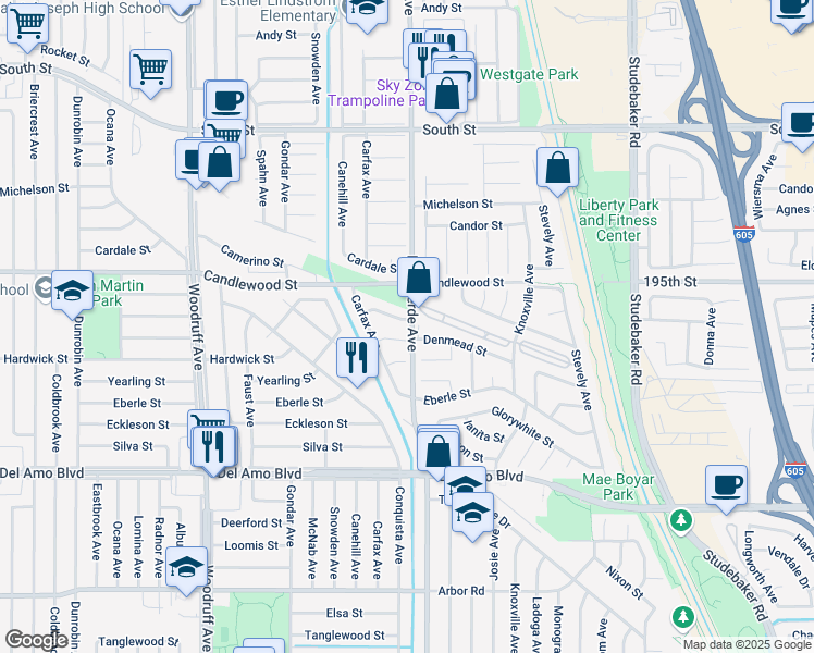map of restaurants, bars, coffee shops, grocery stores, and more near 6356 Dashwood Street in Lakewood