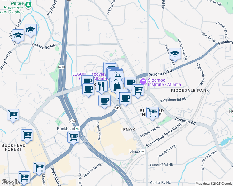 map of restaurants, bars, coffee shops, grocery stores, and more near 3440 Peachtree Road in Atlanta