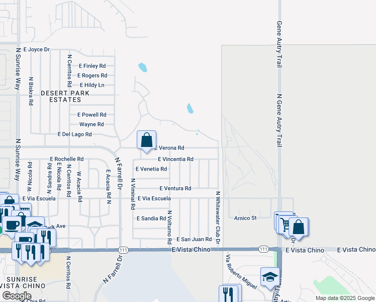 map of restaurants, bars, coffee shops, grocery stores, and more near 3045 East Verona Road in Palm Springs