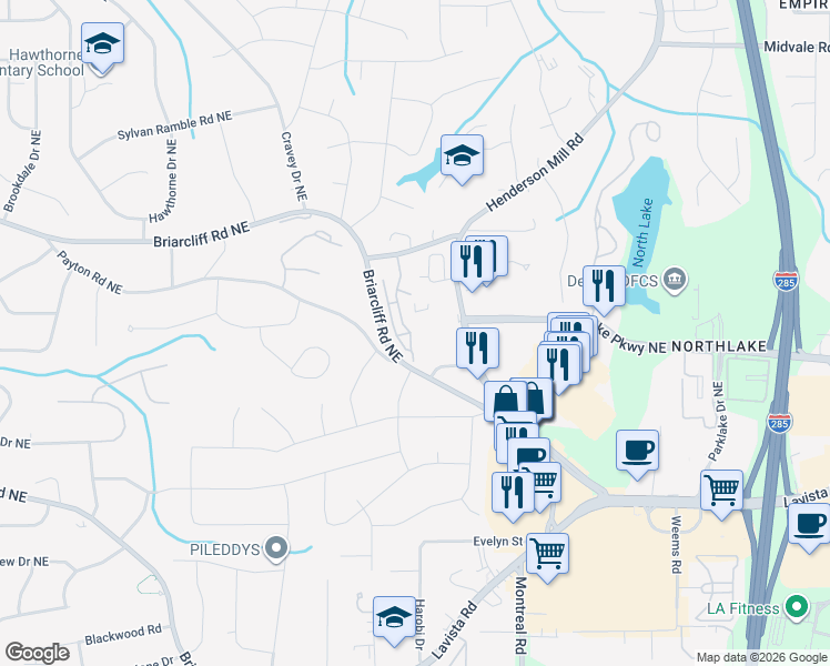 map of restaurants, bars, coffee shops, grocery stores, and more near 2287 Briarcliff Commons in Atlanta