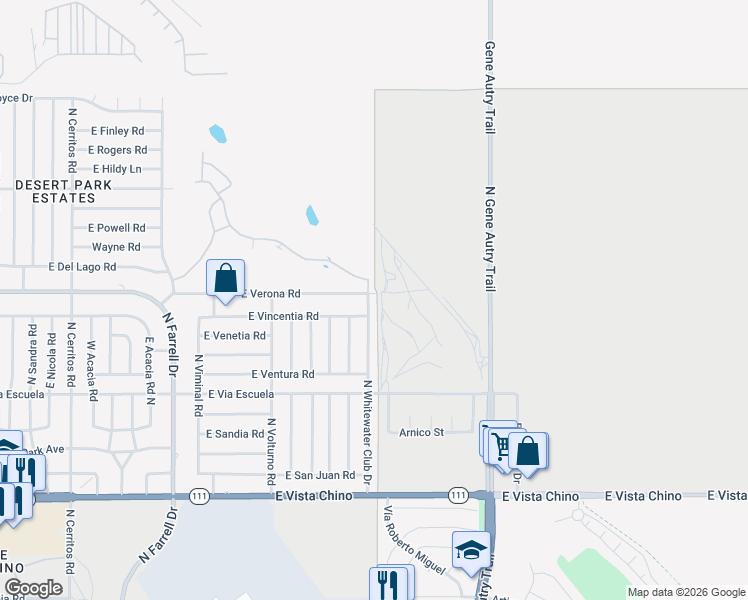 map of restaurants, bars, coffee shops, grocery stores, and more near 2450 North Whitewater Club Drive in Palm Springs