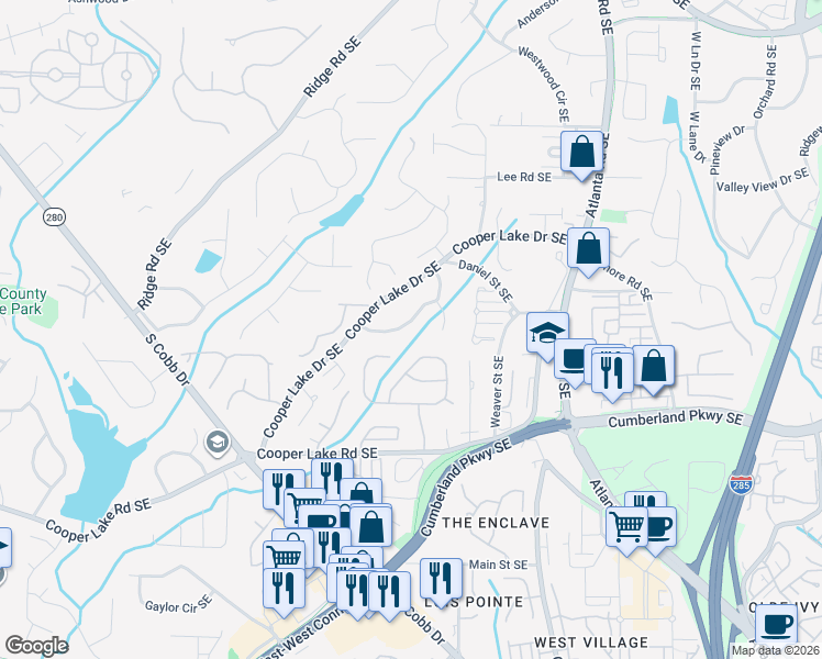 map of restaurants, bars, coffee shops, grocery stores, and more near 1912 Cooper Landing Drive Southeast in Smyrna