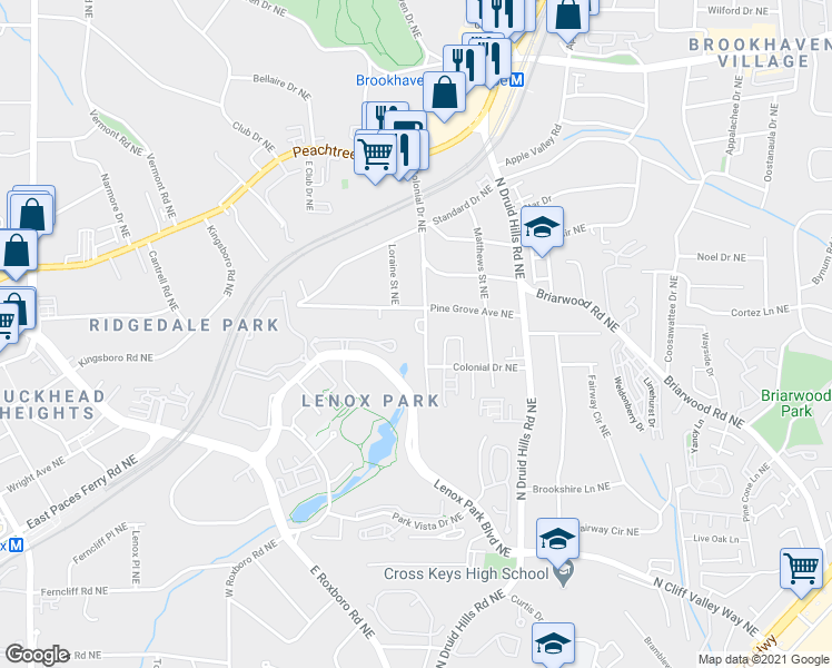 map of restaurants, bars, coffee shops, grocery stores, and more near 2302 Colonial Drive Northeast in Atlanta