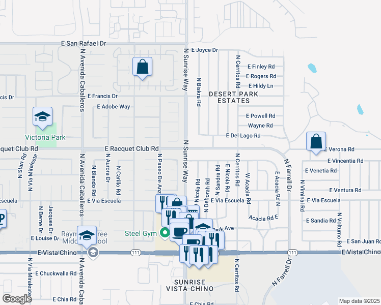 map of restaurants, bars, coffee shops, grocery stores, and more near 1809 East Racquet Club Road in Palm Springs