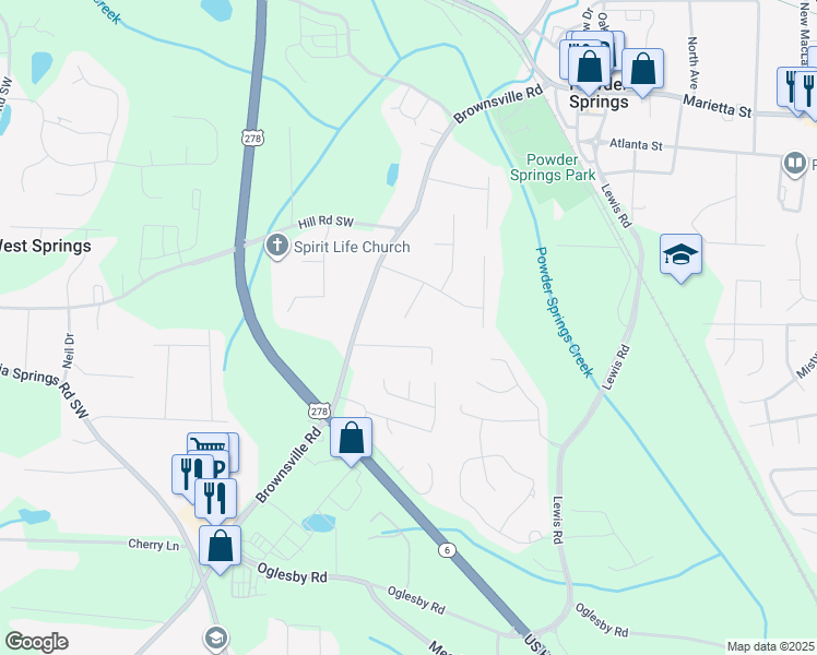 map of restaurants, bars, coffee shops, grocery stores, and more near 4151 Woodcrest Lane in Powder Springs