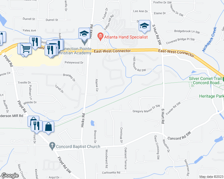 map of restaurants, bars, coffee shops, grocery stores, and more near 4225 Barnes Meadow Road Southwest in Smyrna