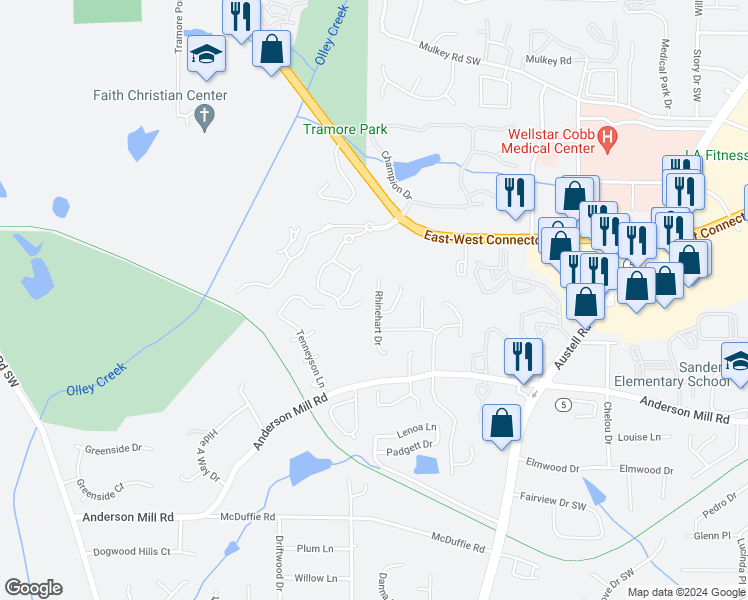 map of restaurants, bars, coffee shops, grocery stores, and more near 4184 Rhinehart Drive in Austell