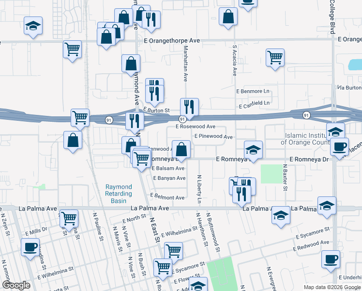 map of restaurants, bars, coffee shops, grocery stores, and more near 1327 East Kenwood Avenue in Anaheim