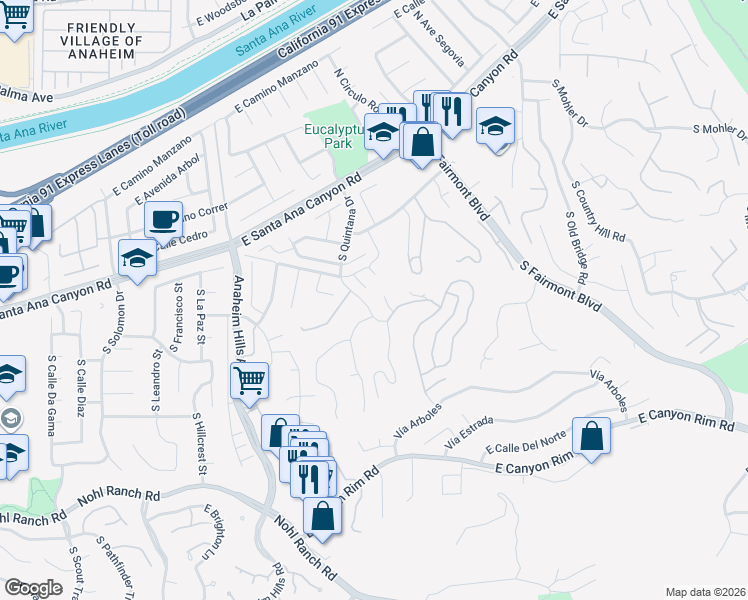 map of restaurants, bars, coffee shops, grocery stores, and more near 284 South Quintana Drive in Anaheim