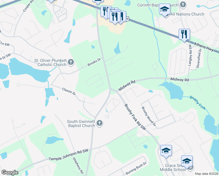 map of restaurants, bars, coffee shops, grocery stores, and more near 3317 Rosebud Road Southwest in Loganville