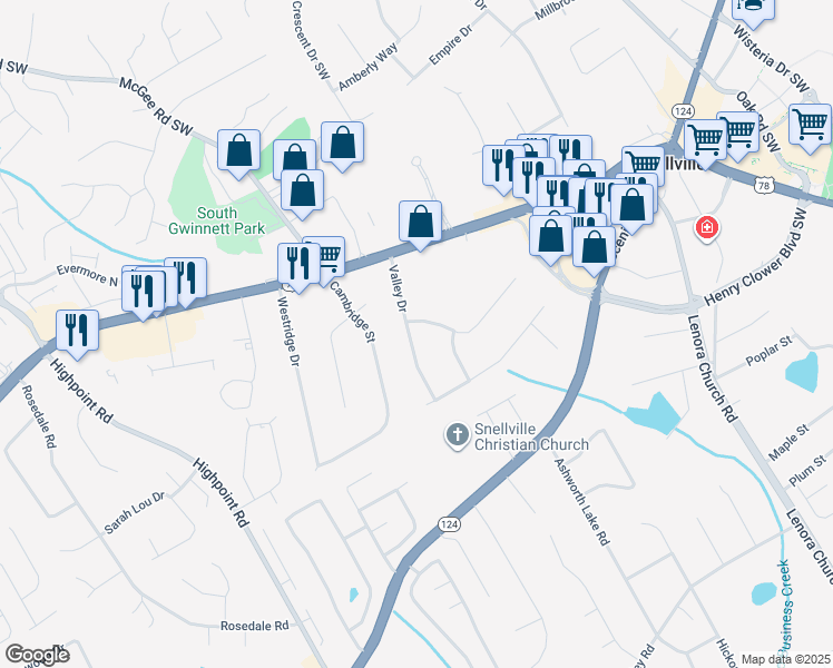 map of restaurants, bars, coffee shops, grocery stores, and more near 2828 Twin Springs Drive in Snellville