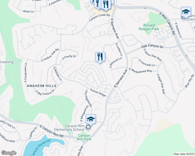 map of restaurants, bars, coffee shops, grocery stores, and more near 7911 East Horizon View Drive in Anaheim