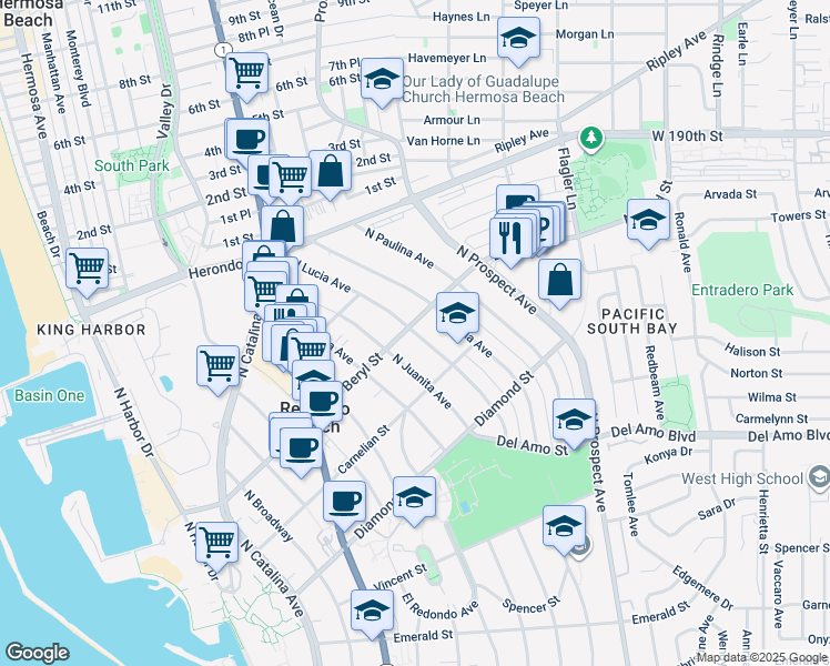 map of restaurants, bars, coffee shops, grocery stores, and more near 629 N Lucia Ave in Redondo Beach