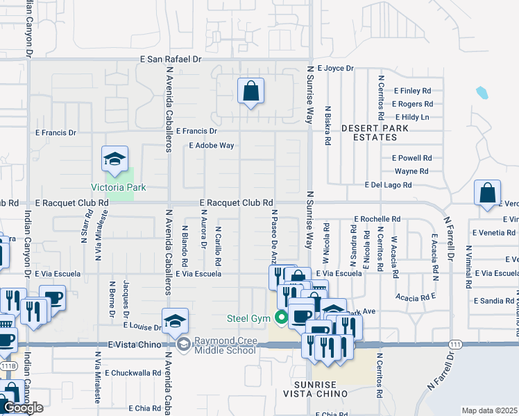 map of restaurants, bars, coffee shops, grocery stores, and more near 1451 East Racquet Club Road in Palm Springs