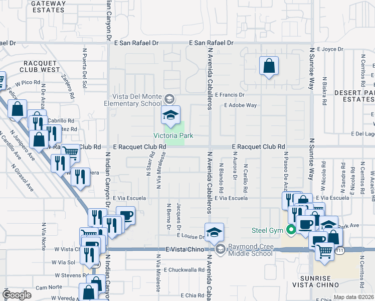 map of restaurants, bars, coffee shops, grocery stores, and more near 703 East Racquet Club Road in Palm Springs