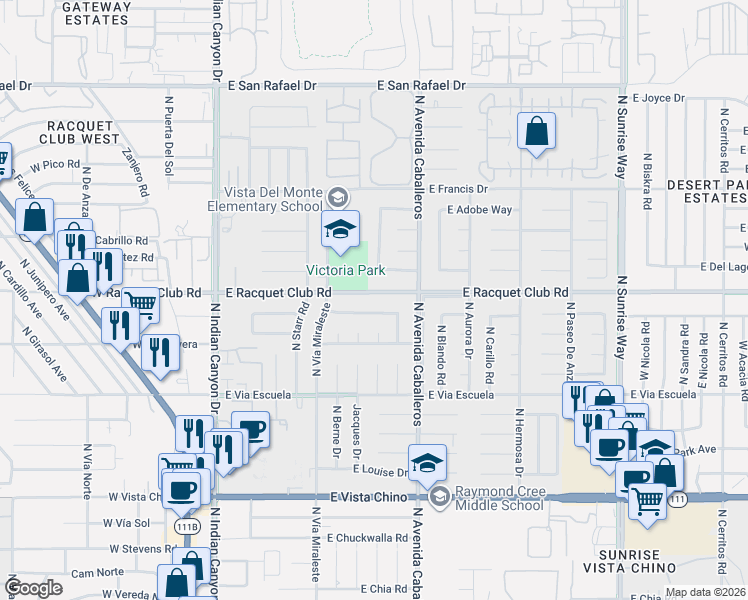 map of restaurants, bars, coffee shops, grocery stores, and more near 795 East Racquet Club Road in Palm Springs
