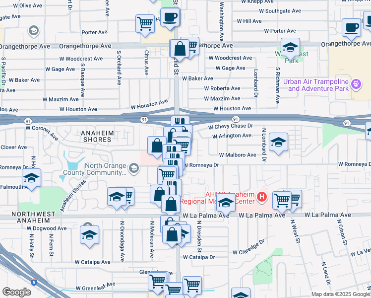 map of restaurants, bars, coffee shops, grocery stores, and more near 1237 North Dresden Place in Anaheim