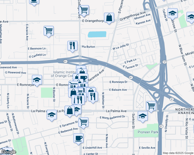 map of restaurants, bars, coffee shops, grocery stores, and more near 1266 North Placentia Avenue in Anaheim