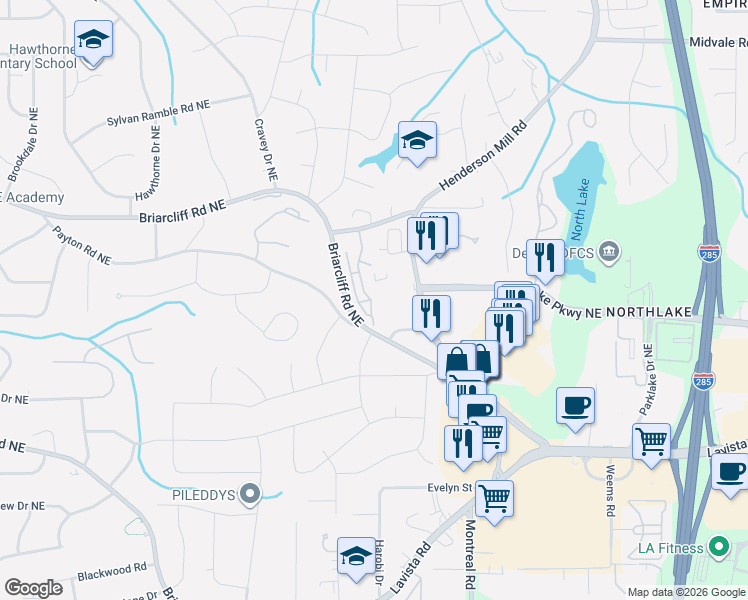 map of restaurants, bars, coffee shops, grocery stores, and more near 2287 Briarcliff Commons in Atlanta