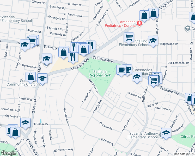 map of restaurants, bars, coffee shops, grocery stores, and more near 2490 Kellogg Avenue in Corona