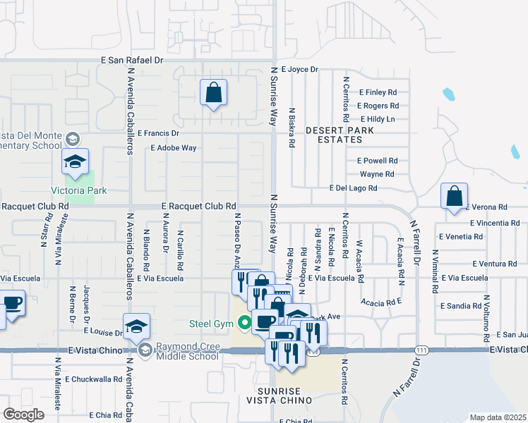 map of restaurants, bars, coffee shops, grocery stores, and more near 1639 East Racquet Club Road in Palm Springs