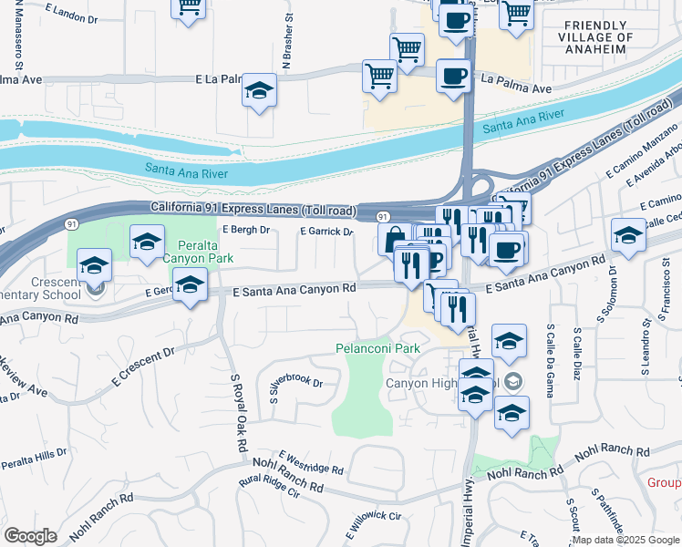 map of restaurants, bars, coffee shops, grocery stores, and more near 116 North Lohrum Lane in Anaheim