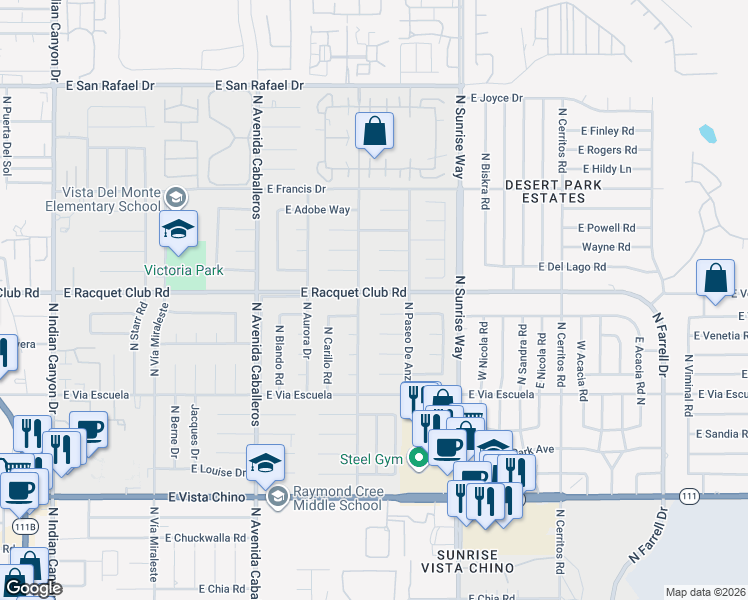 map of restaurants, bars, coffee shops, grocery stores, and more near 1411 East Racquet Club Road in Palm Springs