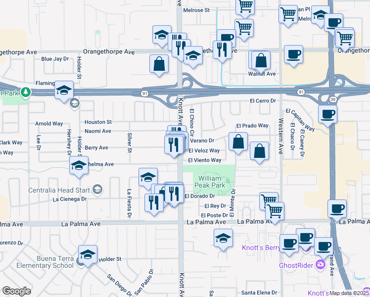 map of restaurants, bars, coffee shops, grocery stores, and more near 7021 El Veloz Way in Buena Park