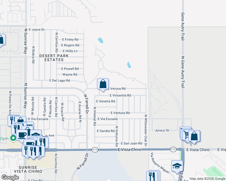 map of restaurants, bars, coffee shops, grocery stores, and more near 2895 East Verona Road in Palm Springs