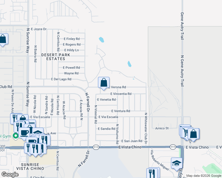 map of restaurants, bars, coffee shops, grocery stores, and more near 2895 East Verona Road in Palm Springs