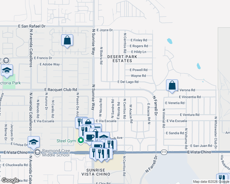 map of restaurants, bars, coffee shops, grocery stores, and more near 2025 East Racquet Club Road in Palm Springs
