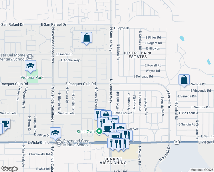 map of restaurants, bars, coffee shops, grocery stores, and more near 1639 East Racquet Club Road in Palm Springs