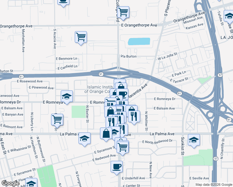 map of restaurants, bars, coffee shops, grocery stores, and more near 1219 North State College Boulevard in Anaheim