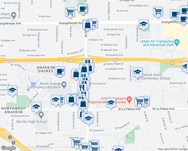 map of restaurants, bars, coffee shops, grocery stores, and more near 1237 North Dresden Place in Anaheim