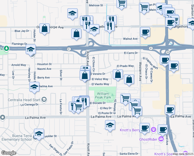map of restaurants, bars, coffee shops, grocery stores, and more near 7105 El Veloz Way in Buena Park