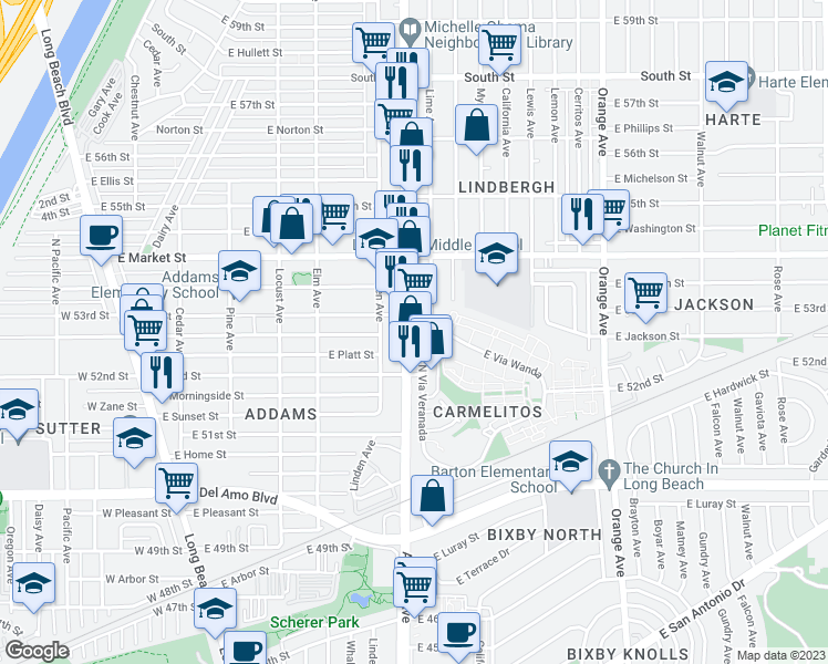 map of restaurants, bars, coffee shops, grocery stores, and more near 5267 Atlantic Avenue in Long Beach
